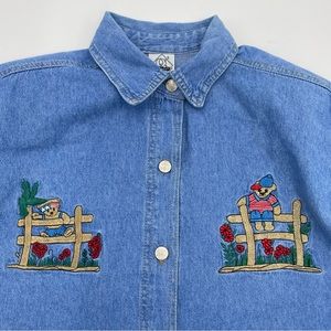 Vintage 90s Teddy Bear Shirt Women’s Denim Button-Up Kawaii Embroidered Blue Top